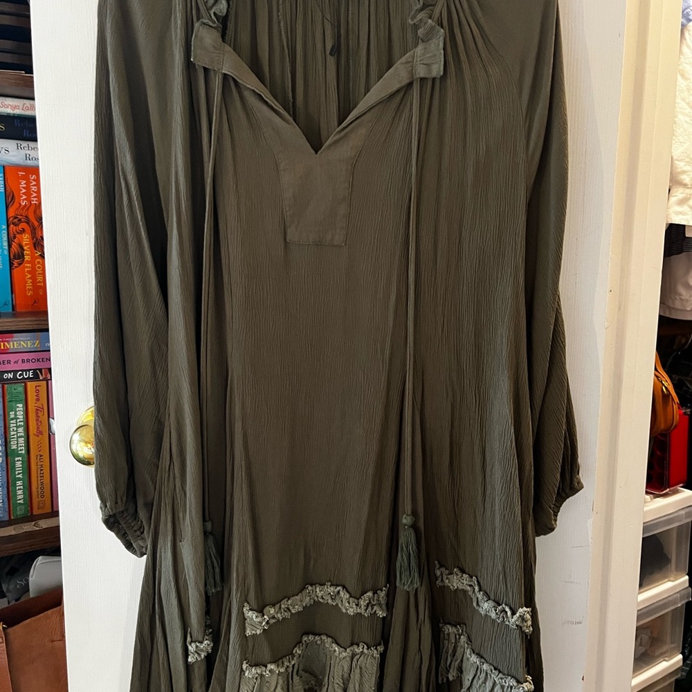 Olive Green Boho Dress with Tassels